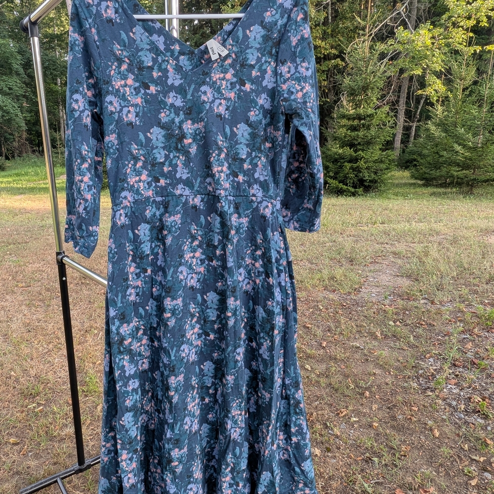PACT Fit & Flare Floral Blue Midi Dress - L